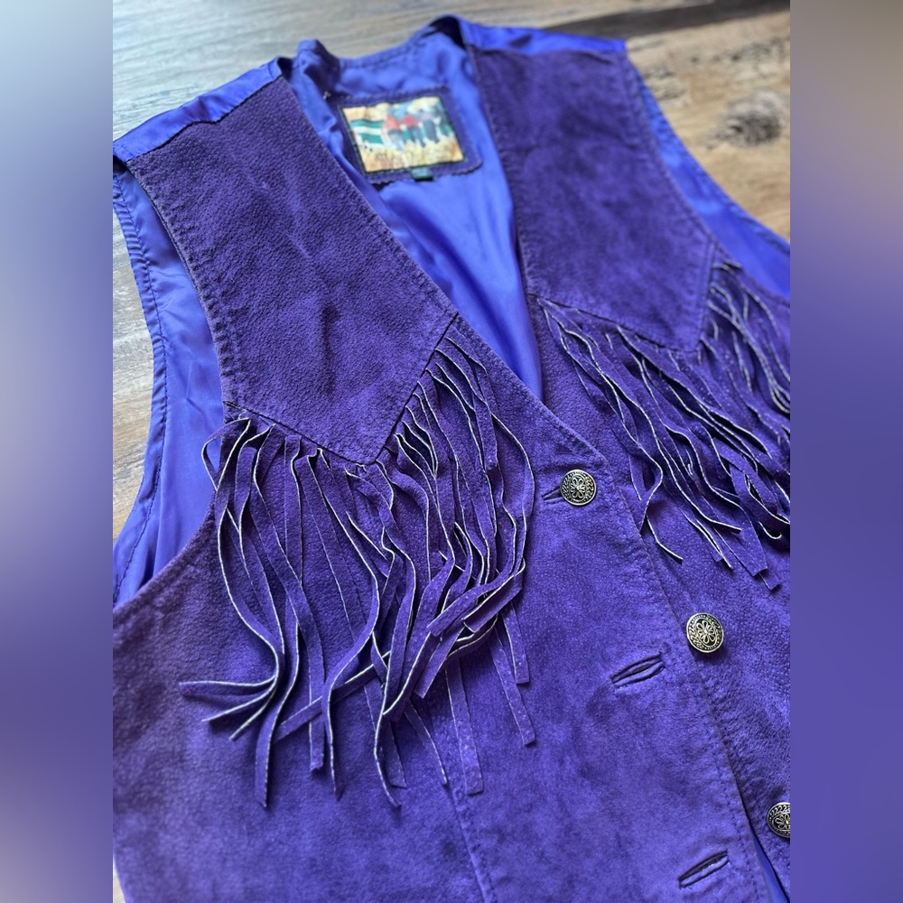 Atlantic Beach Leather Coat Works Men’s XL Suede Purple Fringe Vest Vintage - Picture 2 of 6